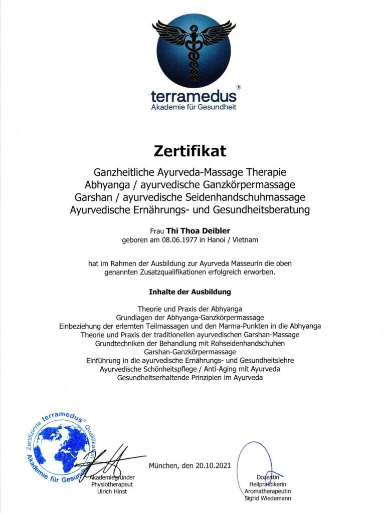Ayurveda-Massage - Zertifikat Zusätze